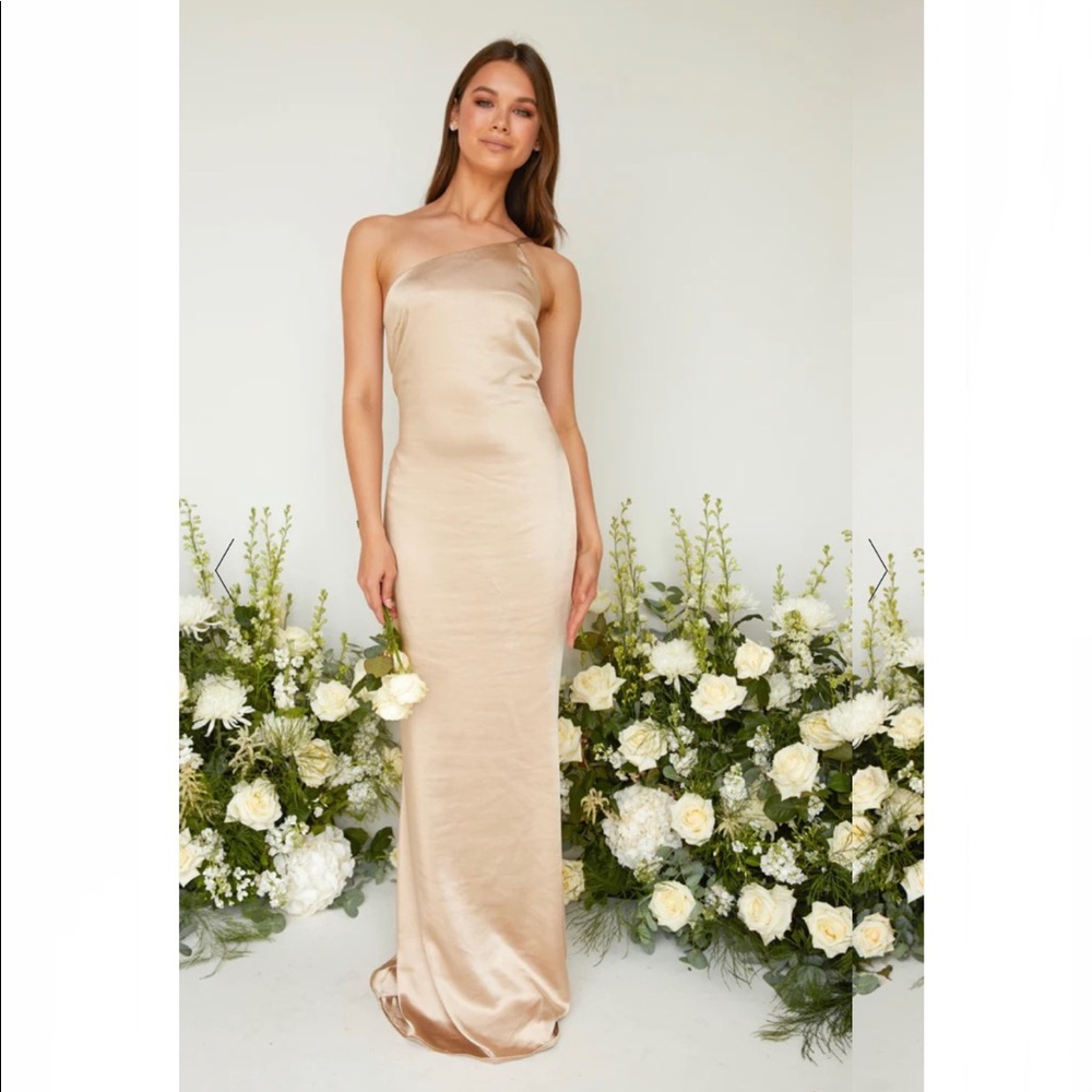 PRETTY LAVISH Satin Champagne Maxi Bridesmaid Dress One Shoulder NWT